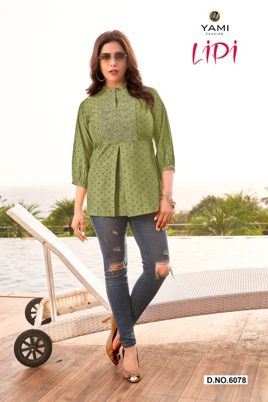 LIPI BY YAMI BRAND PRESENTS PURE ROMAN VISCOSE EXCLUSIVE HAND BLOCK PRINT TOP & TUNICS WITH MACHINE EMBROIDERY WORK-6078